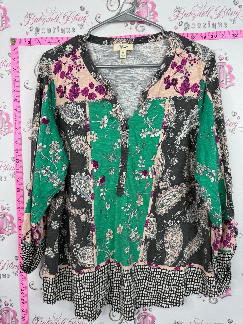 Style & Co. Shirt Womens Green Floral Patchwork Henley Top